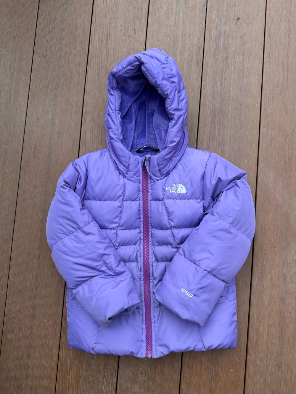 The North Face Girls' Purple Hooded Puffer Jacket 550 size 5